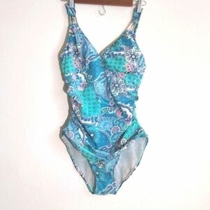 SPANX Love Your Assets Swimsuit One Piece Abstract Blue Paisley Print Size Small